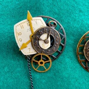 Earring clocks + pin for pierced ears.  4" drop 1-3/4" wide.  Movable hands.